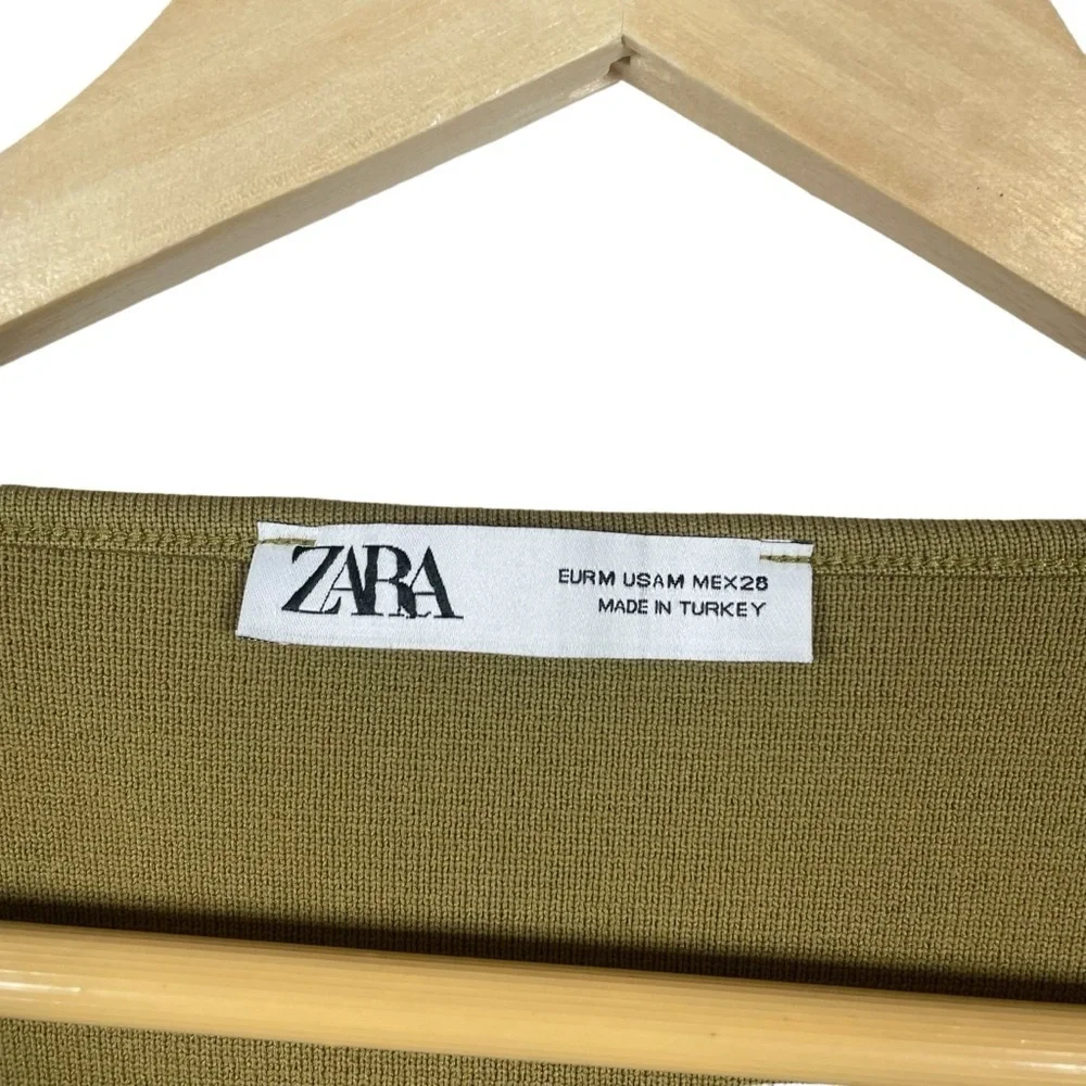 Zara Olive Green Square Neck Fitted Knit Long Sleeve Crop Top Womens Size M